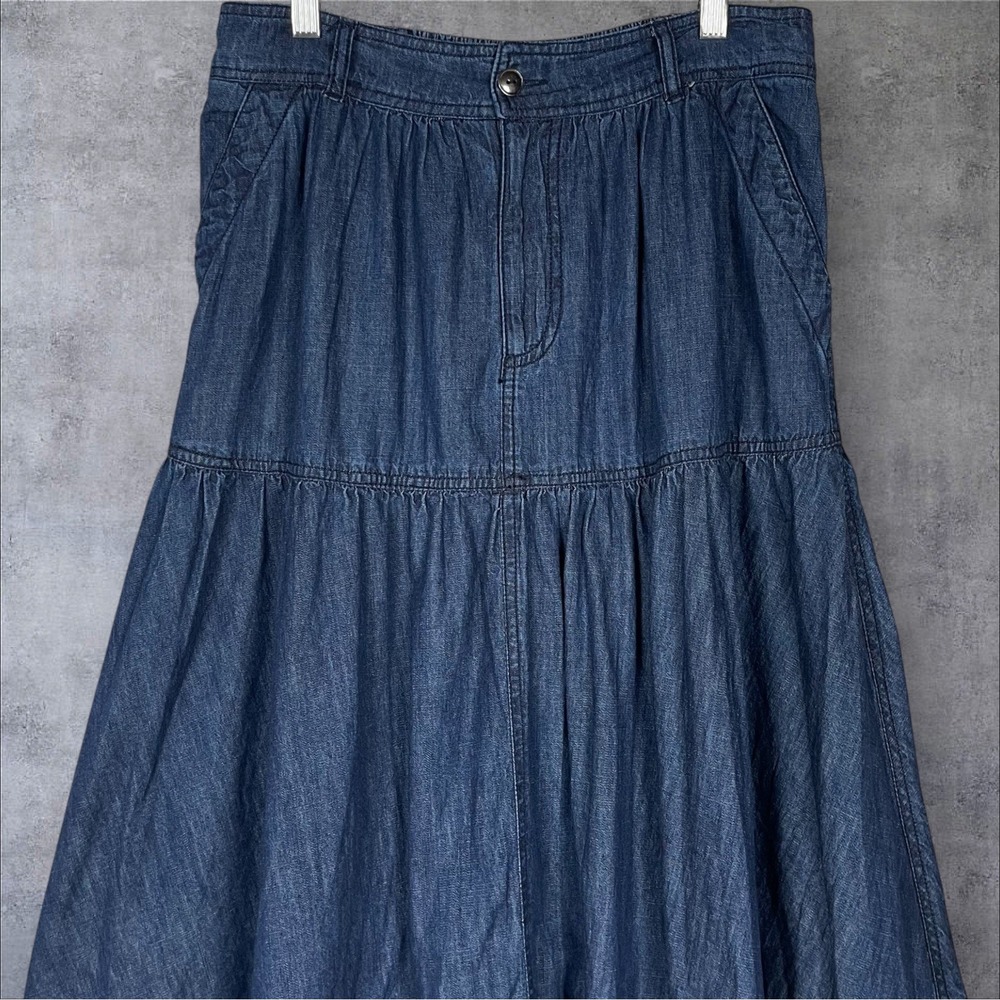 Pilcro Anthropologie Tiered Denim Maxi Broomstick Skirt Womens S Western Boho - Picture 3 of 8